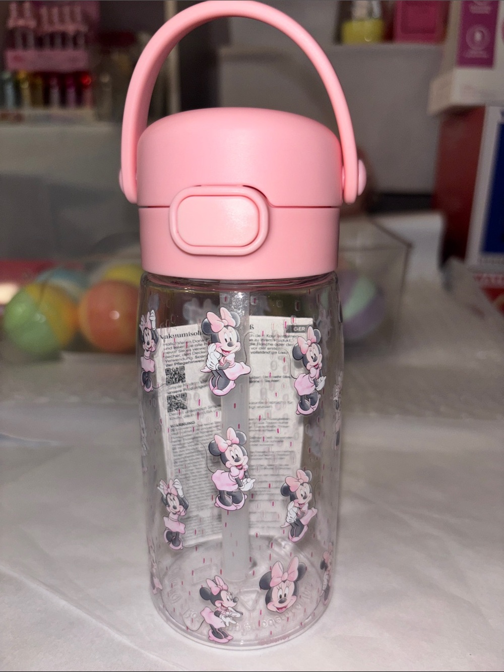 Pink Minnie Mouse Clear Water Bottle with Handle